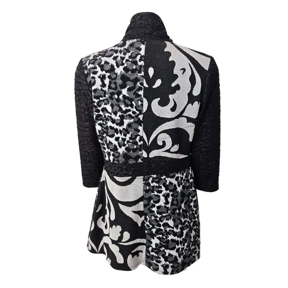 FRANK LYMAN Open Cardigan Size 6 Animal Print 3/4 Sleeve Mixed Textured Black - Picture 2 of 11